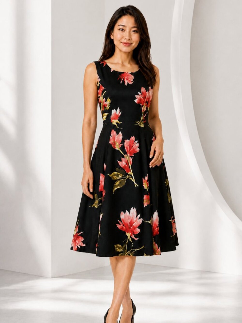 Women's AGB Black Floral Fit & Flare Sleeveless Midi Dress Size 8